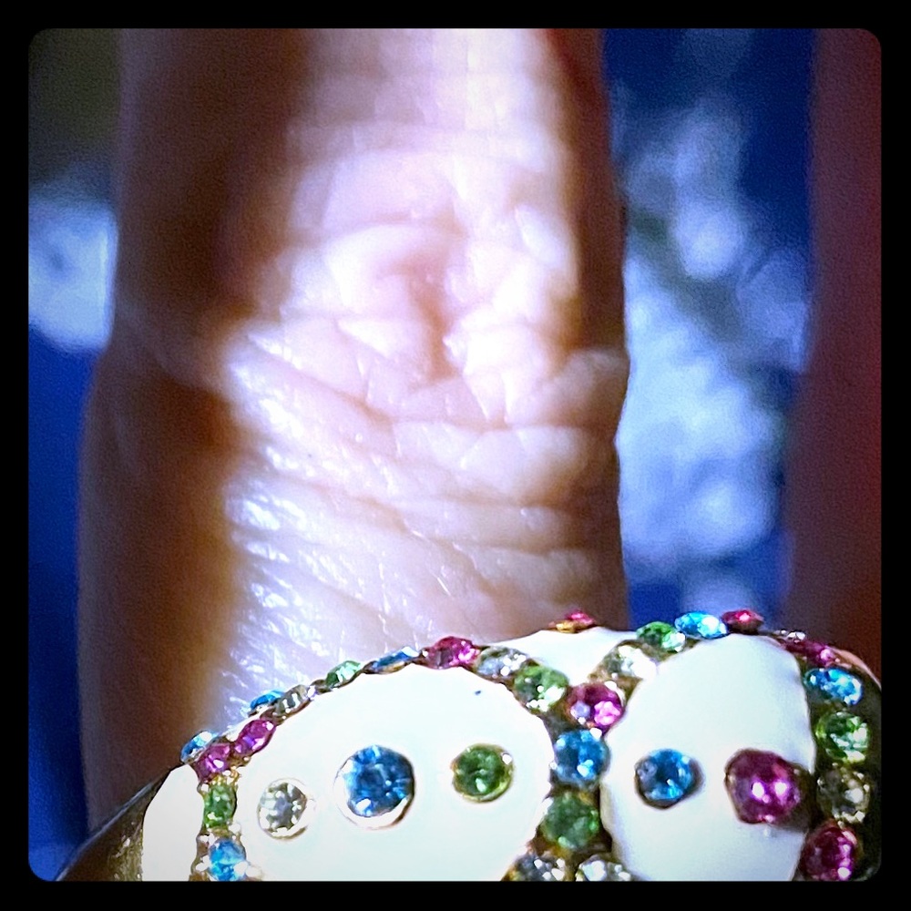 Multicolor Crystal &White Enamel Bypass Ring. SZ 9